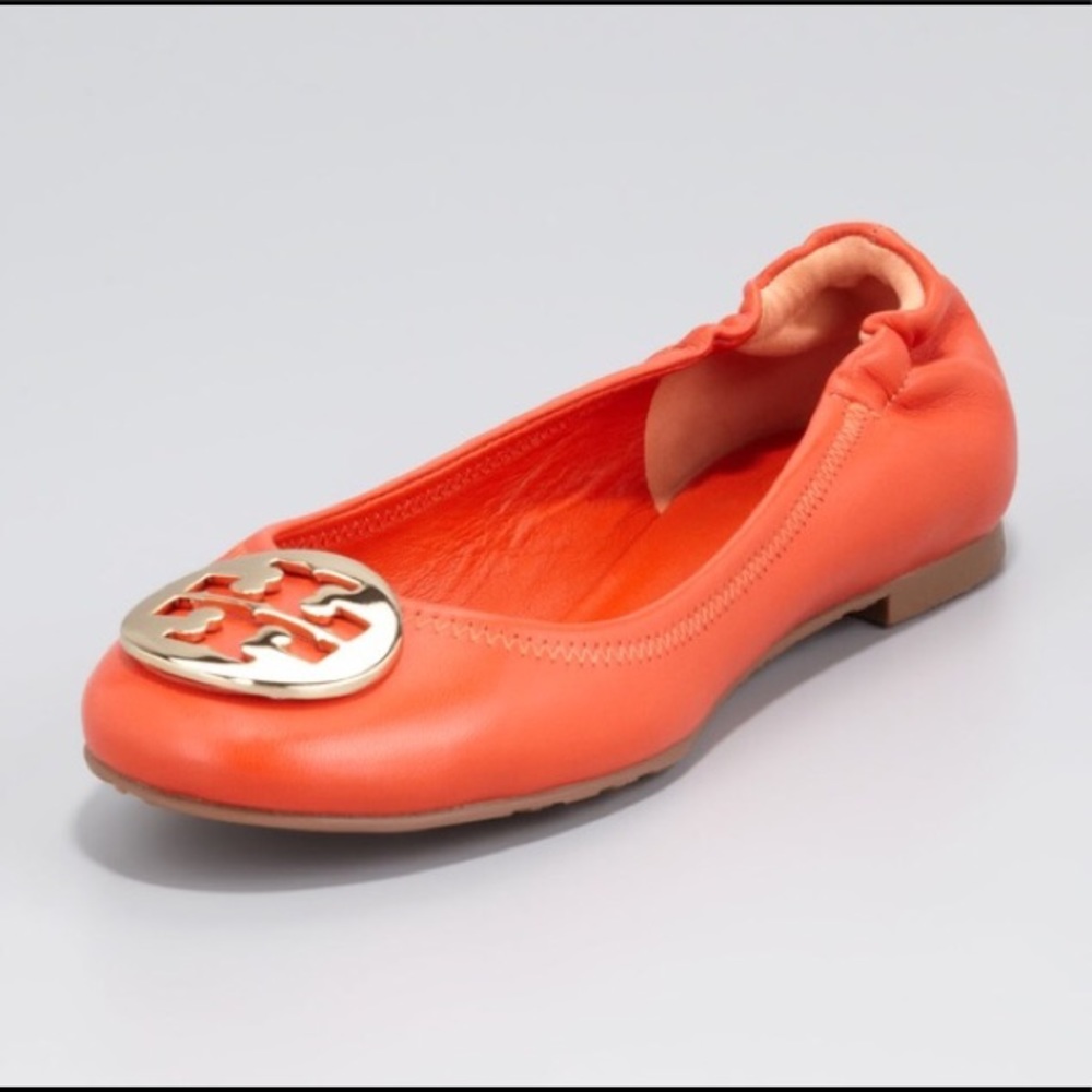 Tory Burch Reva Ballet Flat Orange Leather Logo VG